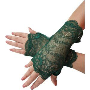 Women's Green Fingerless Short Lace Gloves Elegant Design Wedding Party Costume